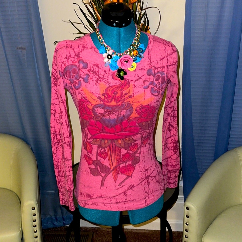 Pink Long Sleeve All Over Graphic Print Ribbed Long Sleeve Shirt​